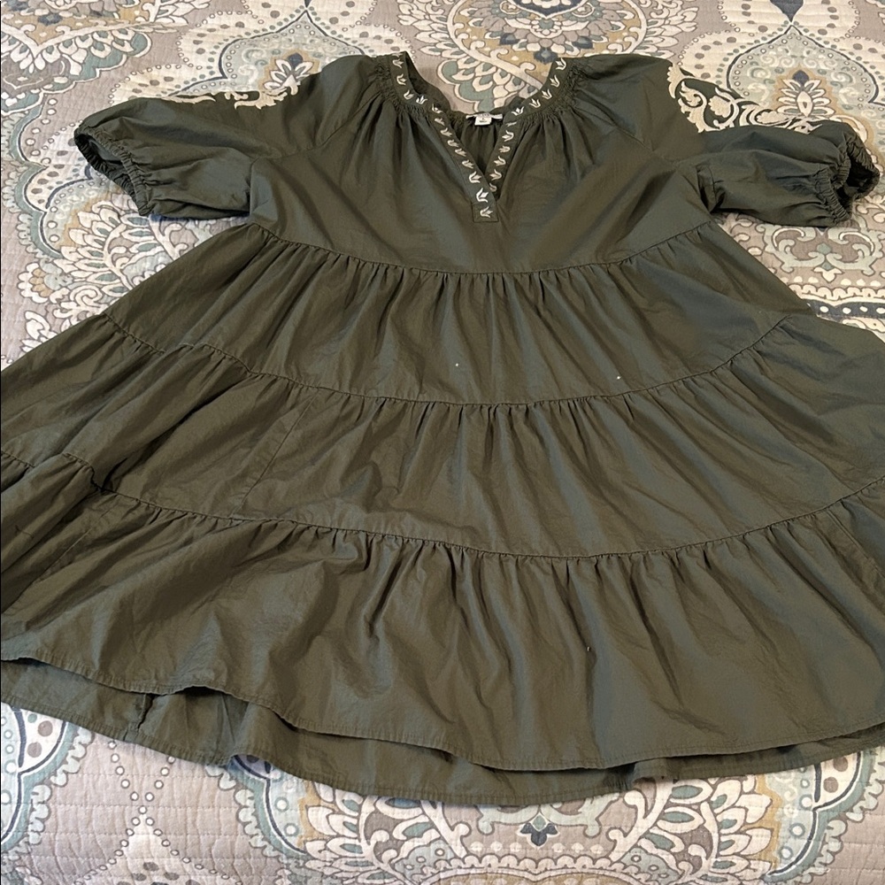 Crown & Ivy Olive Green Embroidered Tiered Casual Dress